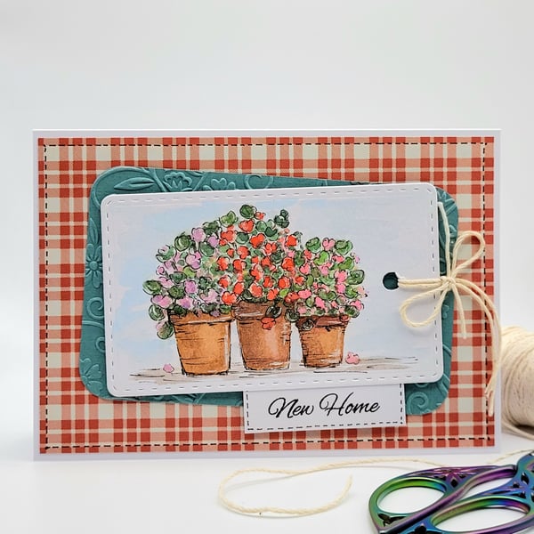 New Home Greeting Card  handpainted watercolour geraniums 
