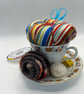 Vintage Teacup Pin Cushion & Sewing Set - Flowers & Stripes Station (3) - Image 2