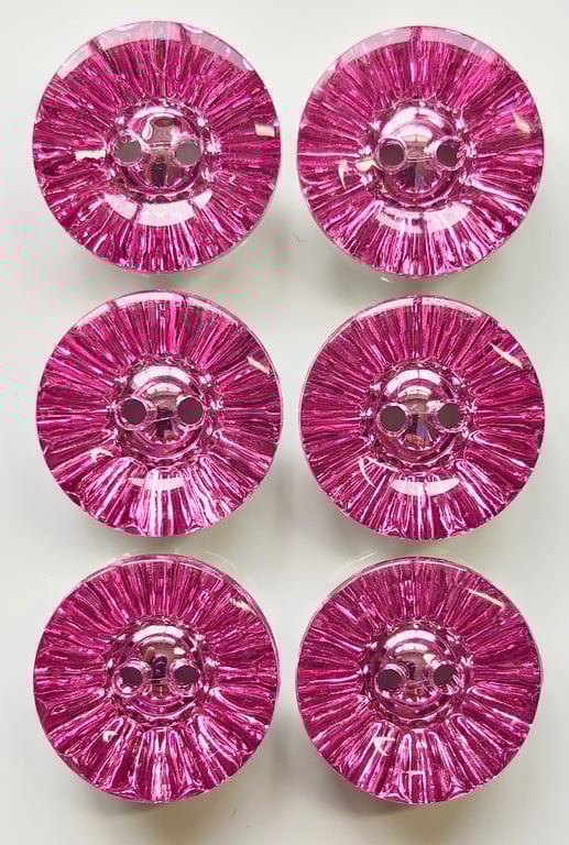6 Crystal Style Dish Buttons, Pink, 13mm Wide, Sparkly, Acrylic, Silver Back