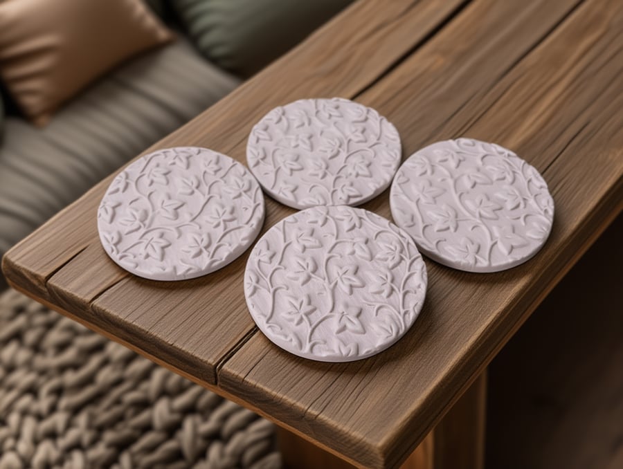 Set of 4 Warm Clay Embossed Clay Coasters – Handmade Drink Mats – Modern Table D