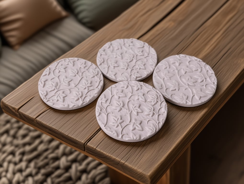 Set of 4 Warm Clay Embossed Clay Coasters – Handmade Drink Mats – Modern Table D