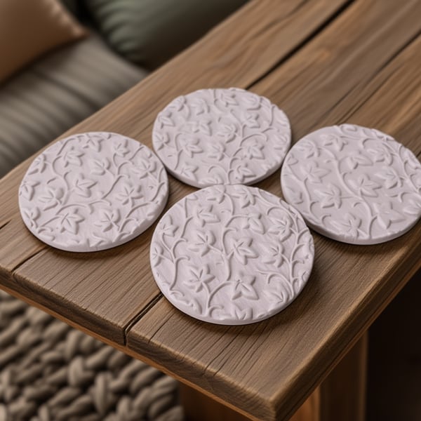 Set of 4 Warm Clay Embossed Clay Coasters – Handmade Drink Mats – Modern Table D