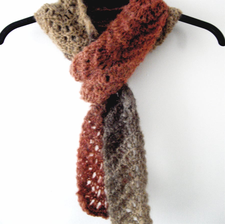 Pink and Brown Tones Skinny Lacy Knitted Scarf - UK Free Post
