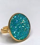 AQUAMARINE GLITTER RING gold plated adjustable 20 mm faux druzy  - Image 4