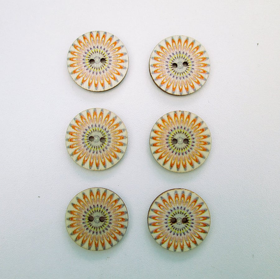 Mandala wood buttons, set of 6, 2.5cm diameter
