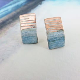 Copper and enamel line textured rectangle studs