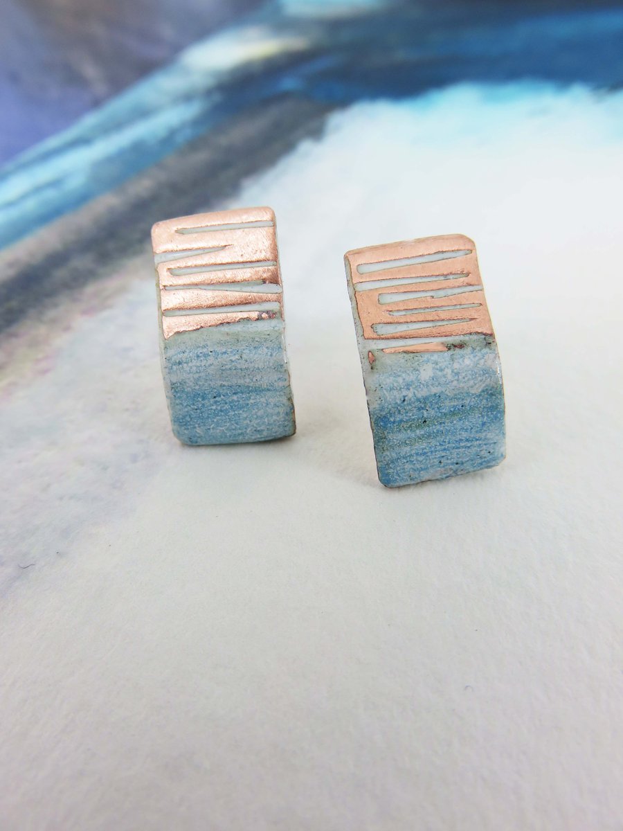 Copper and enamel line textured rectangle studs
