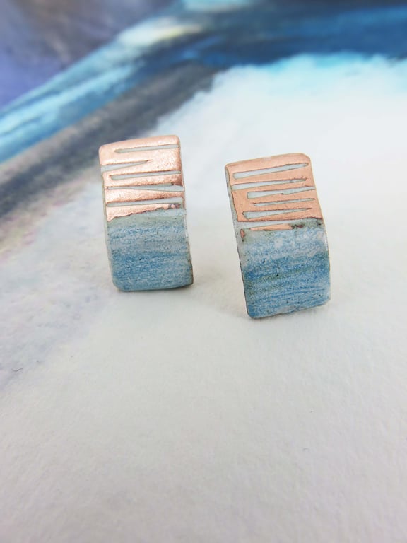 Copper and enamel line textured rectangle studs