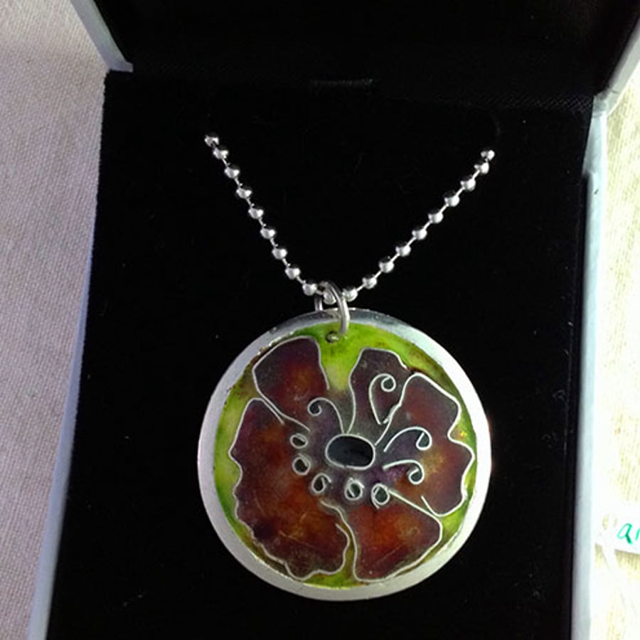 Anemone cloisonne enamelled silver pendant