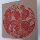 Clematis - Red, hand-printed blank card.