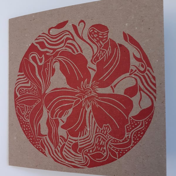 Clematis - Red, hand-printed blank card.