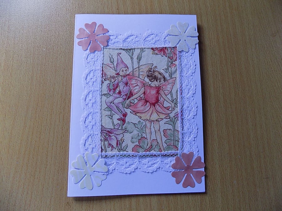 hand made greeting card featuring a fairy,gnome and flowers (100)