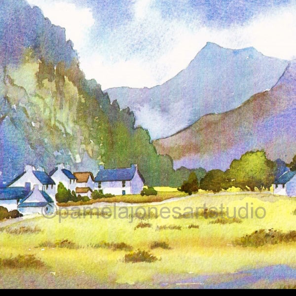 Cottages, Nant Peris, North Wales, Watercolour Print in 14 x 11'' Mount. 