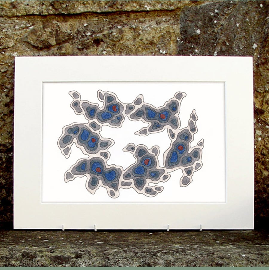 Original Abstract Coloured Pencil Drawing Grey Blue - Contours No.5