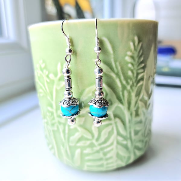 Real Turquoise Sterling Silver Beaded Gemstone Earrings