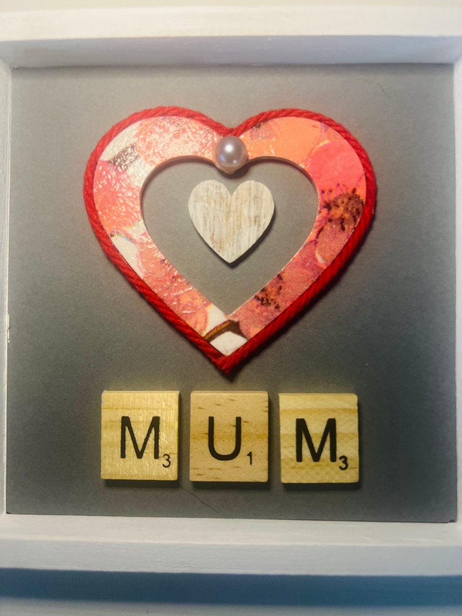 Handmade Mum Heart Frame – 12cm x 12cm Matt White Frame with Red Twine Decoupage