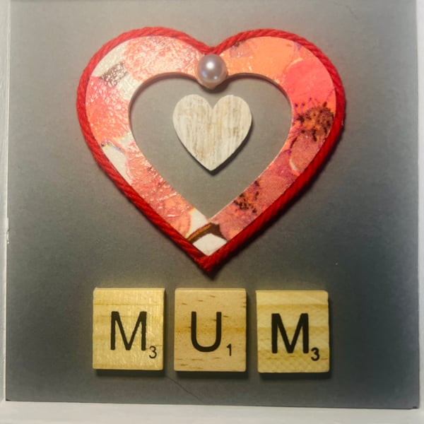 Handmade Mum Heart Frame – 12cm x 12cm Matt White Frame with Red Twine Decoupage