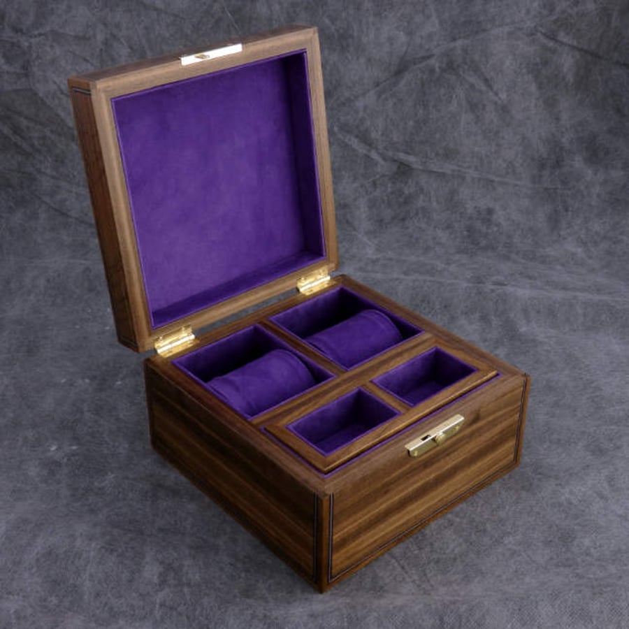Watch box for 2 Watches & Cuff Links in Black Walnut and Purple