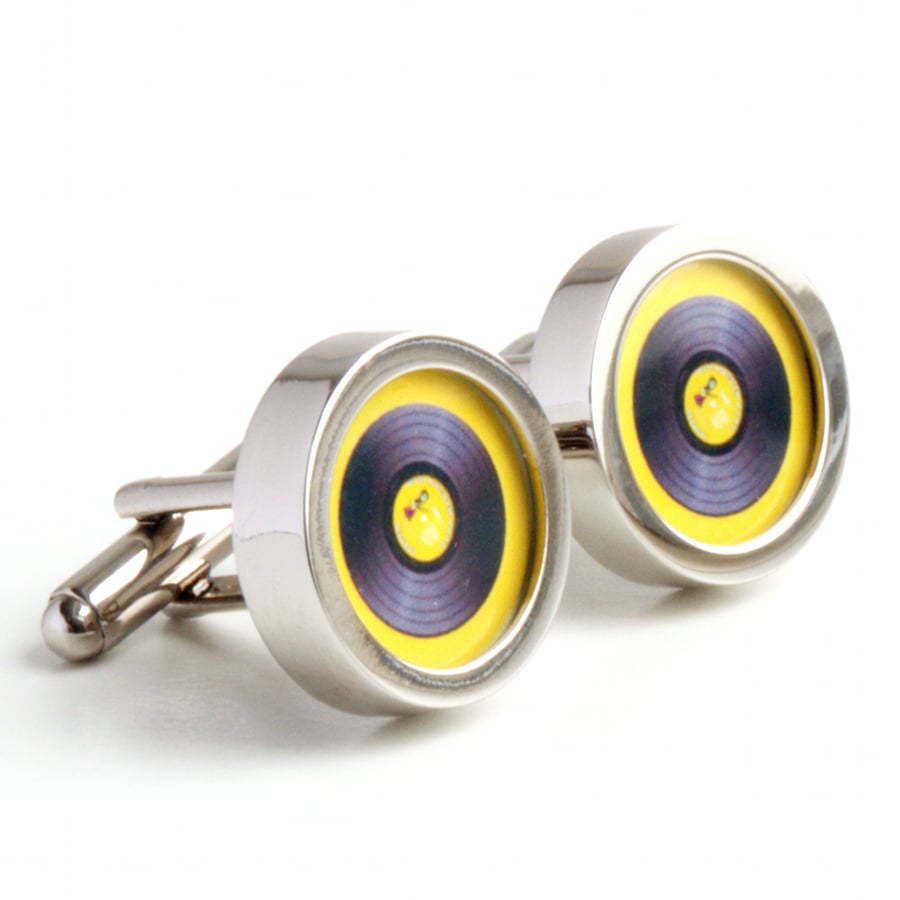 Yellow DJ Vinyl Cufflinks, Spin the Record Right Round Baby