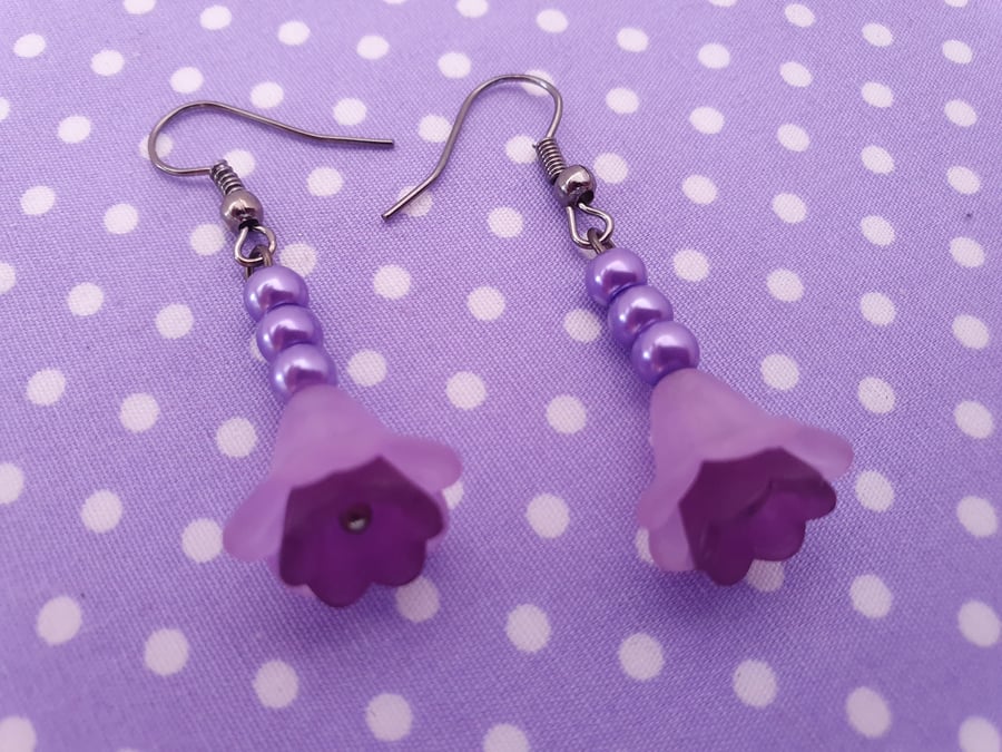 Purple Flower and Gunmetal Drop Earrings 