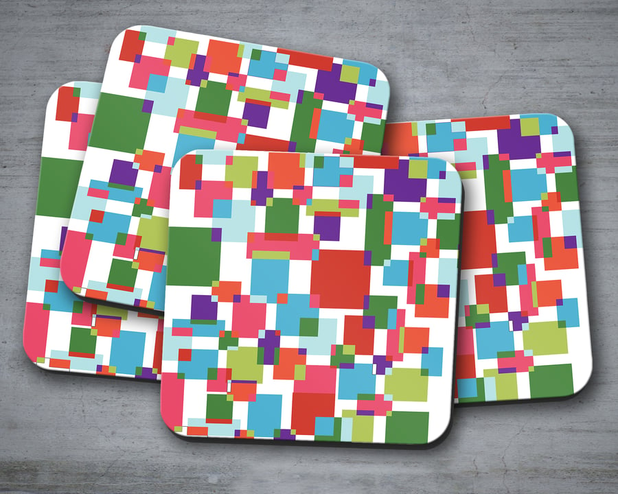 Set of 4 White Coasters with Multicoloured Geometric Squares Design, Drinks Mat 