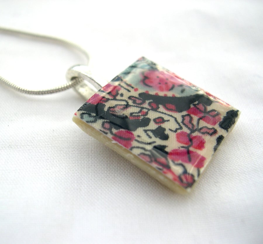  Silver Plated Ceramic Tile Necklace Liberty of London Print Resin Pendant