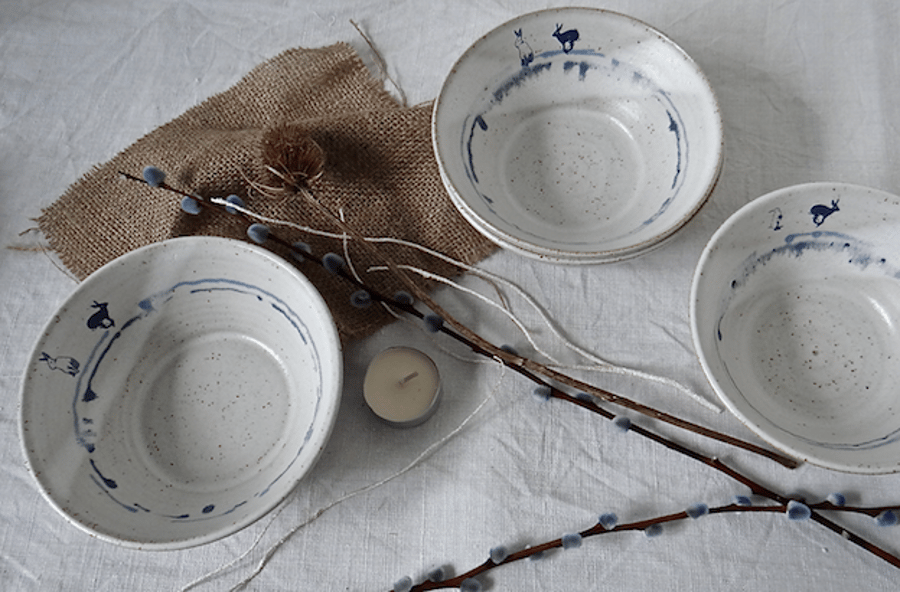 Handmade rustic ceramic bowl with rabbits hares for breakfast lunch dinner 