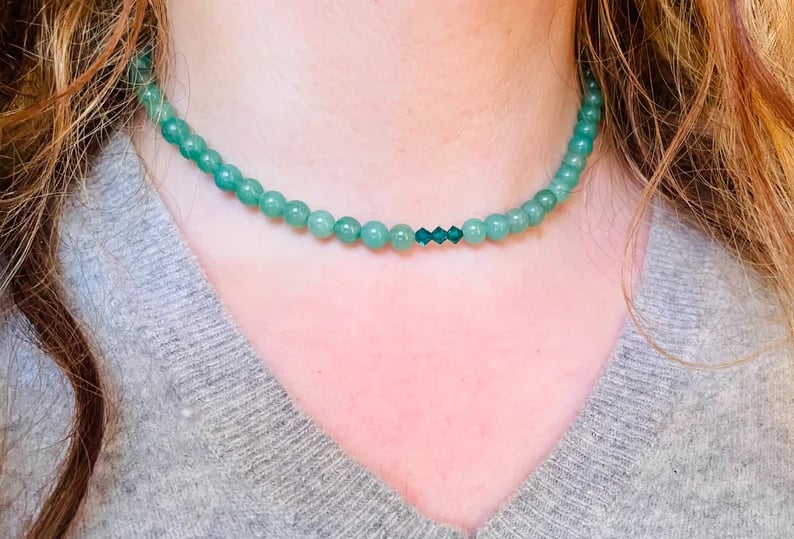 Aventurine Beaded and Swarovski Choker Necklace, Gifts for Her