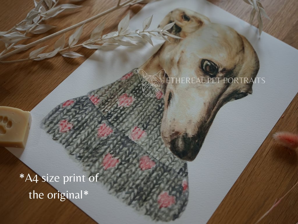Watercolor Greyhound Print A4 - Dog in Cozy Jumper - Elegant Pet Wall Art