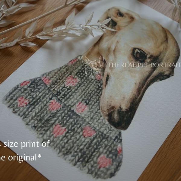 Watercolor Greyhound Print A4 - Dog in Cozy Jumper - Elegant Pet Wall Art