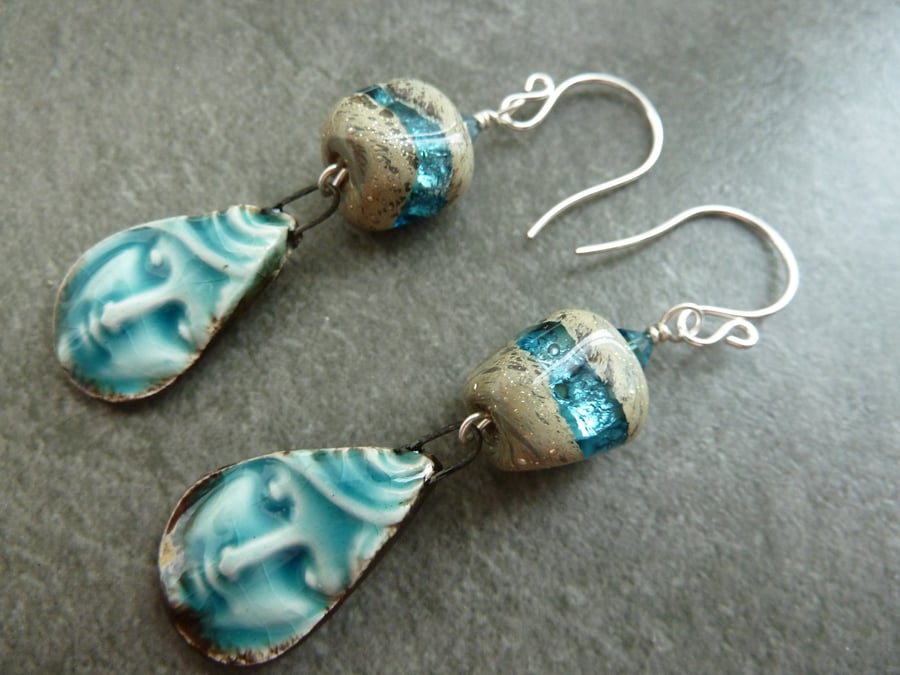 sterling silver, lampwork and ceramic blue face earrings