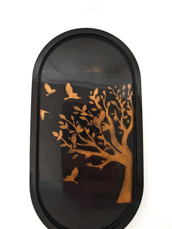 Elegant Gold and Black Resin trinket Tray, Handmade Trinket Dish, Tree And Birds