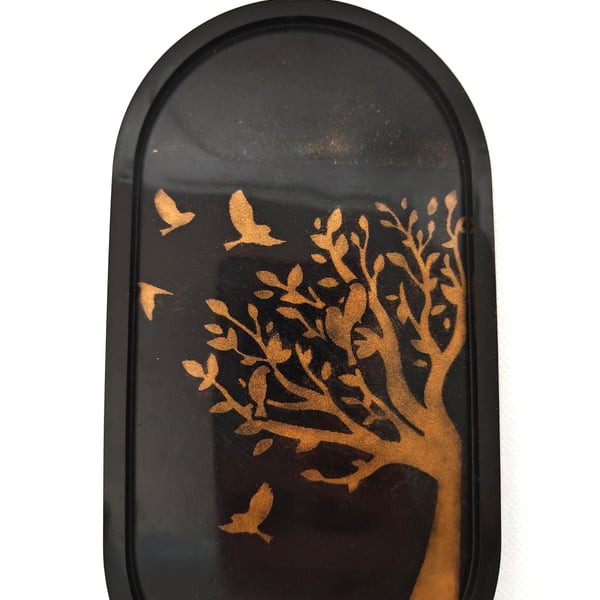 Elegant Gold and Black Resin trinket Tray, Handmade Trinket Dish, Tree And Birds