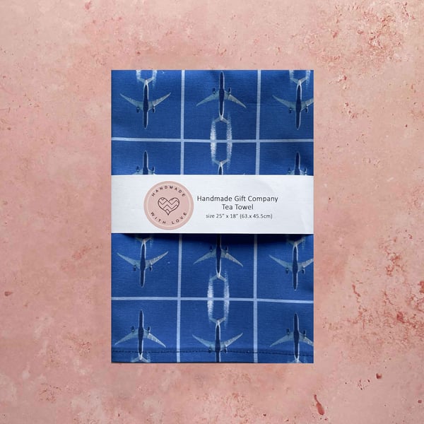 Fabric Handmade Pretty Cotton Tea Towel with a Blue Sky Aeroplane Design