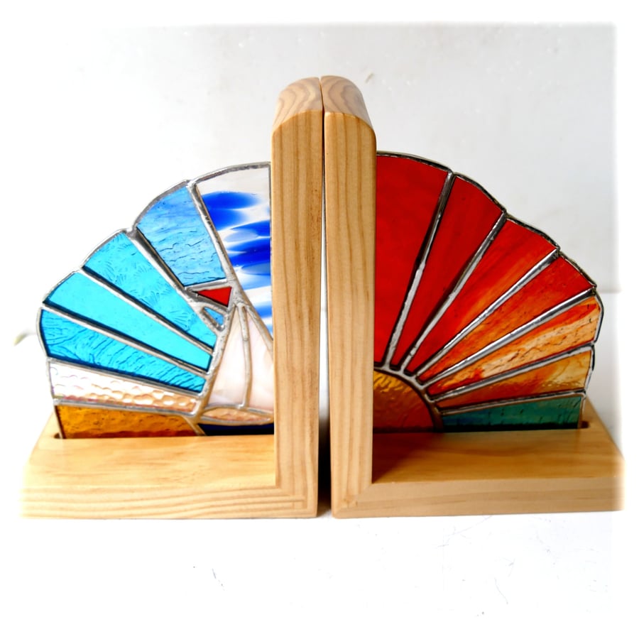 Stained Glass Nautical Bookends Sunset Sailboat Sea on Oak Stands Handmade Art