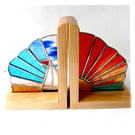 Stained Glass Nautical Bookends Sunset Sailboat Sea on Oak Stands Handmade Art