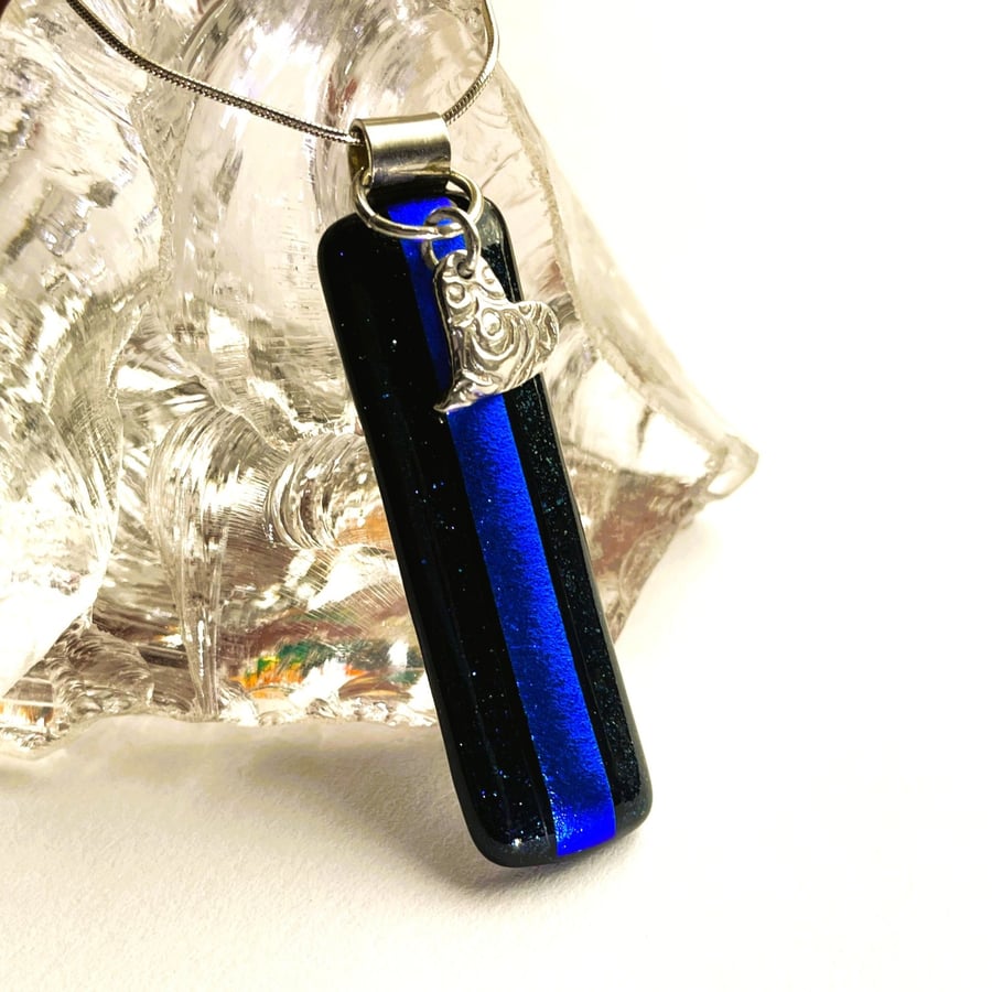 Blue Dichroic Glass Pendant with Silver Heart