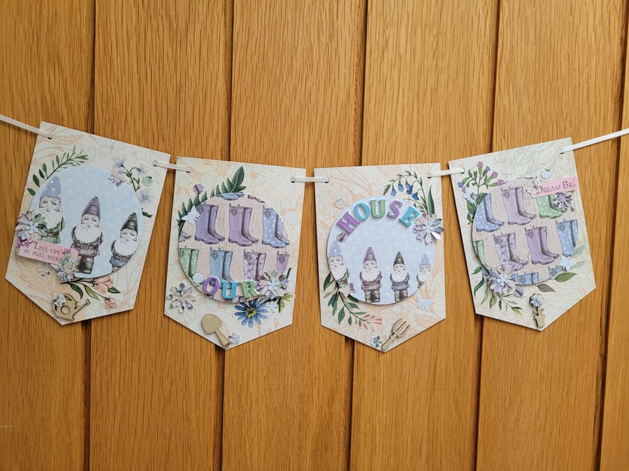 Garden Gnome Pennant Flag Bunting - Pastel Indoor Wall Hanging
