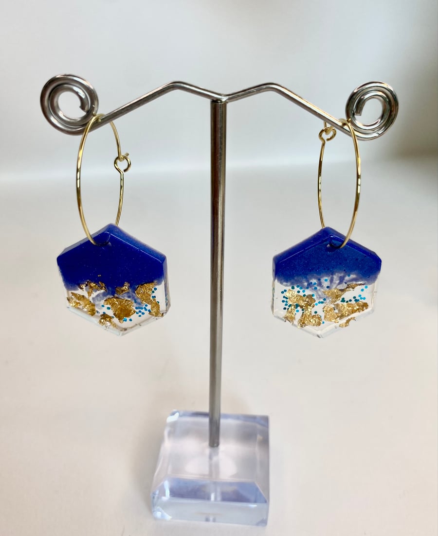 Handmade blue resin and  gold flake hexagonal hoop earrings