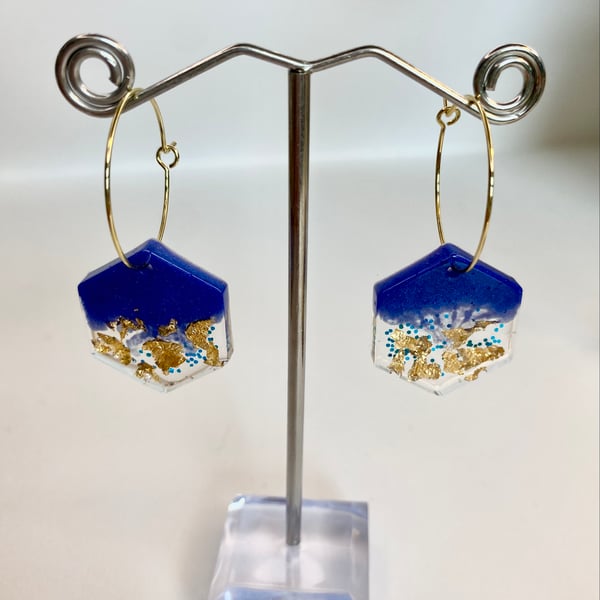 Handmade blue resin and  gold flake hexagonal hoop earrings