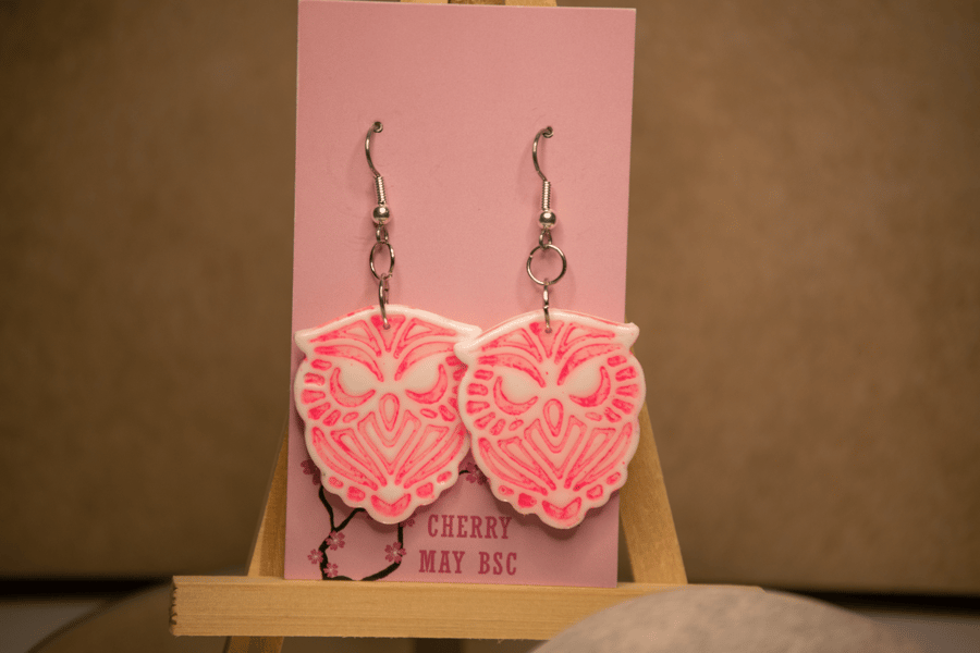 Owl shaped dangle earrings with UV Powder