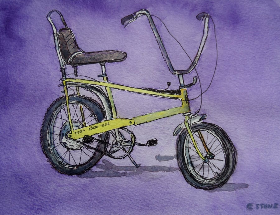 Retro 1970's Chopper style bicycle small watercolour painting 235 mm x 170 mm
