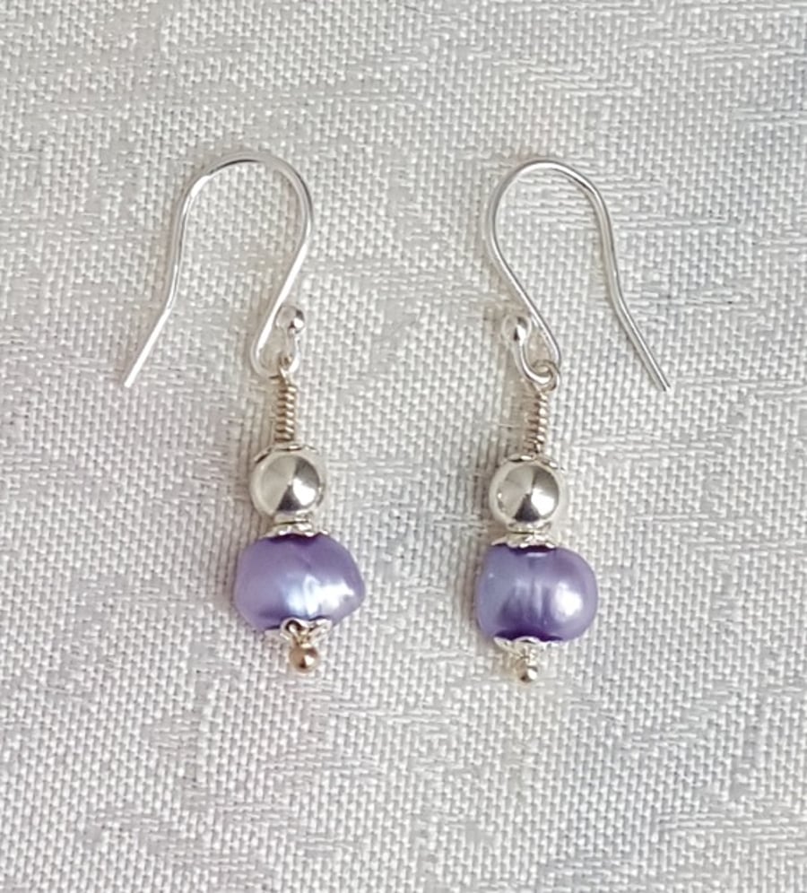 Gorgeous Lilac Pearl and Silver bead Earrings - Sterling Silver Ear Wires
