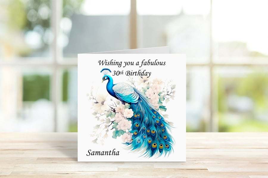 Personalised Beautiful Elegant Peacock Birthday Card. Design 4