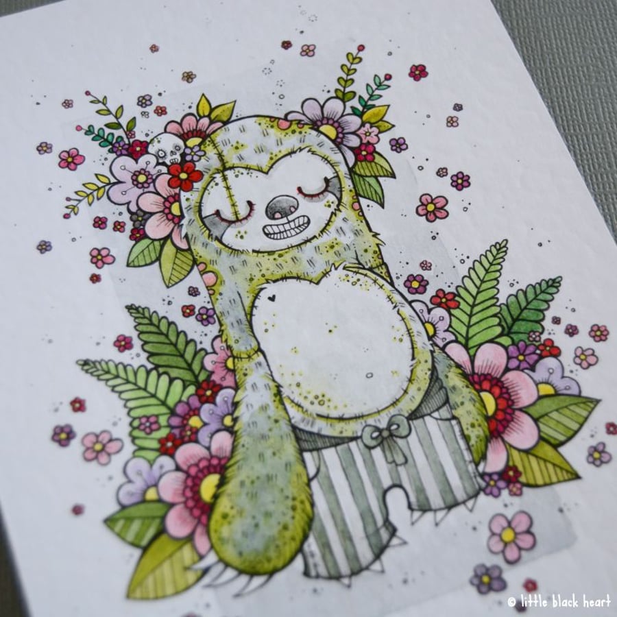fancy floral zombie sloth - original A6 illustration