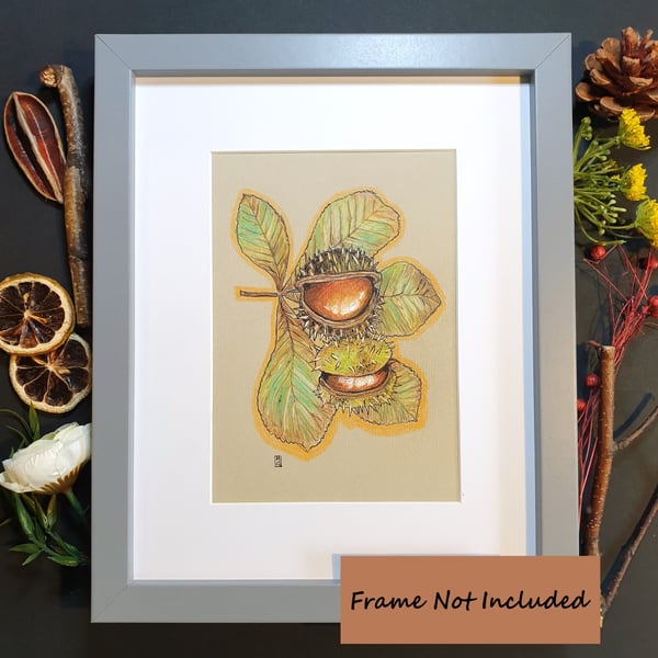 Horse-chestnuts with Leaf Original drawing - autumn art