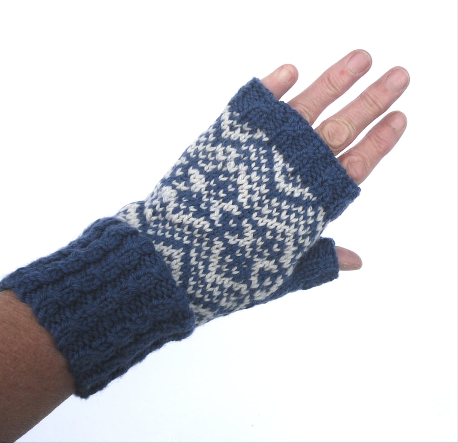 Navy Blue & Grey hand knit fingerless gloves
