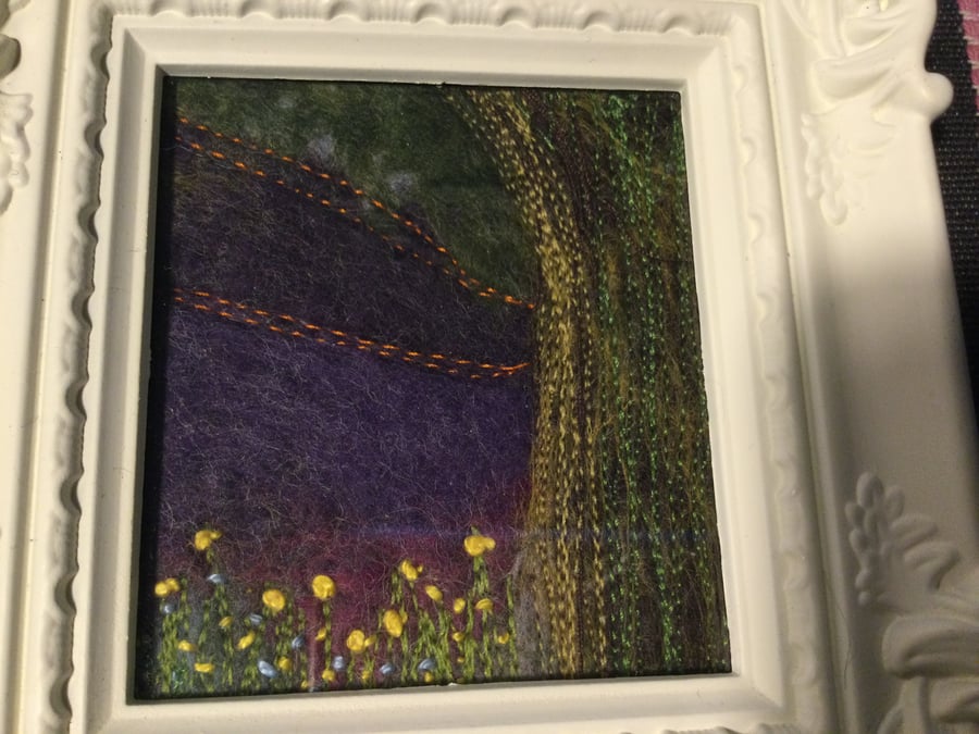 Tree , hills and yellow flowers -  Felted Art work 