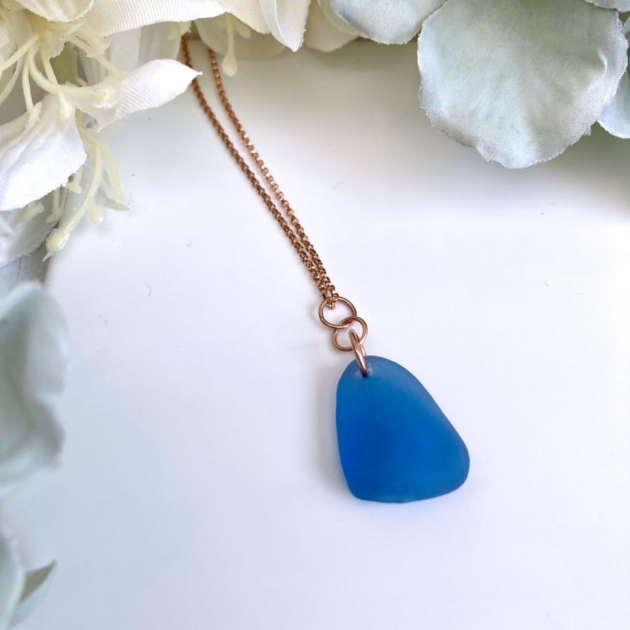Blue Sea Glass and Rose Gold Necklace, Handmade Scottish Beach Pendant