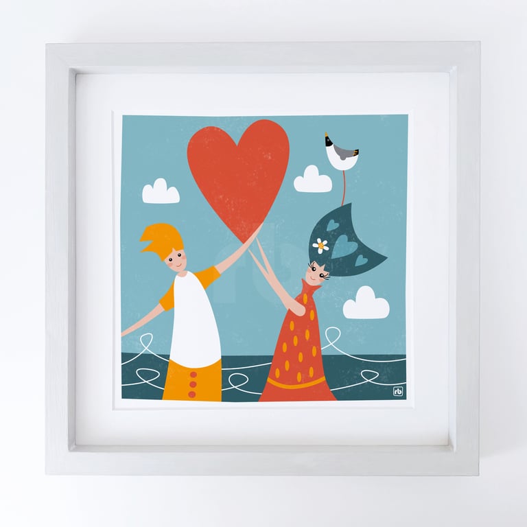 Meet You At The Beach, man and woman with heart, Giclee print